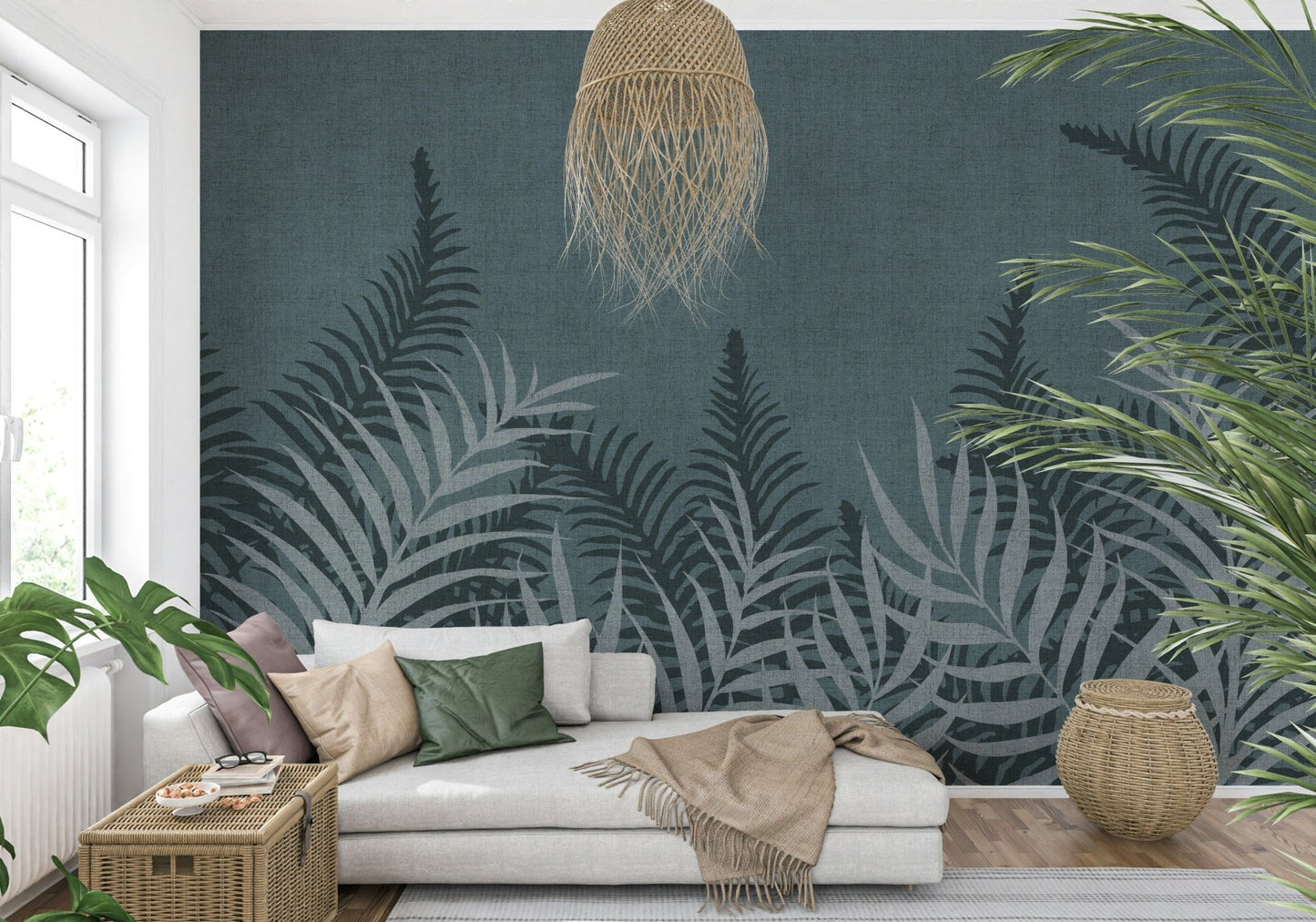 Abstract foliage wall mural in cool, sophisticated marine blue and steel tones.