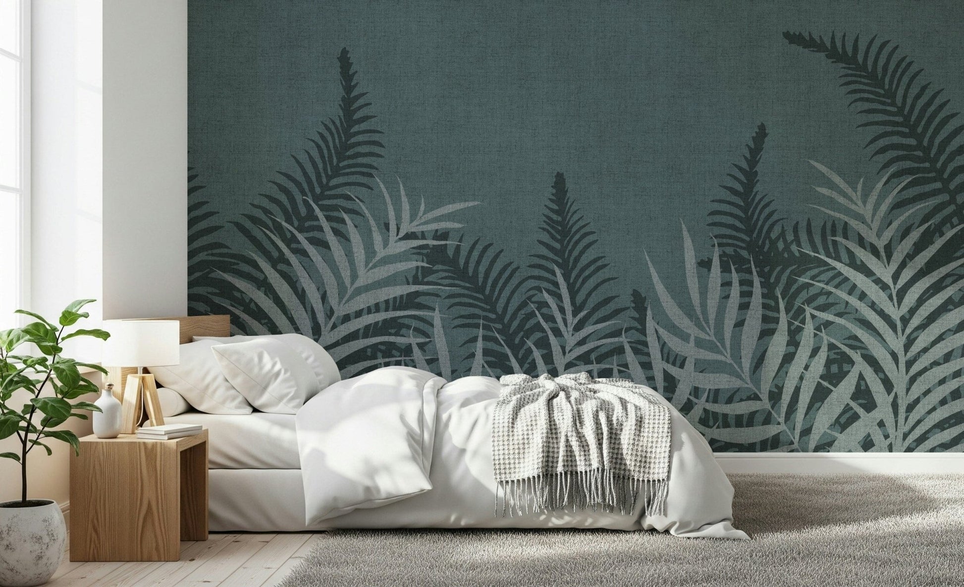 The Jungle Fog wall mural featuring elegant teal and sage botanical pattern.