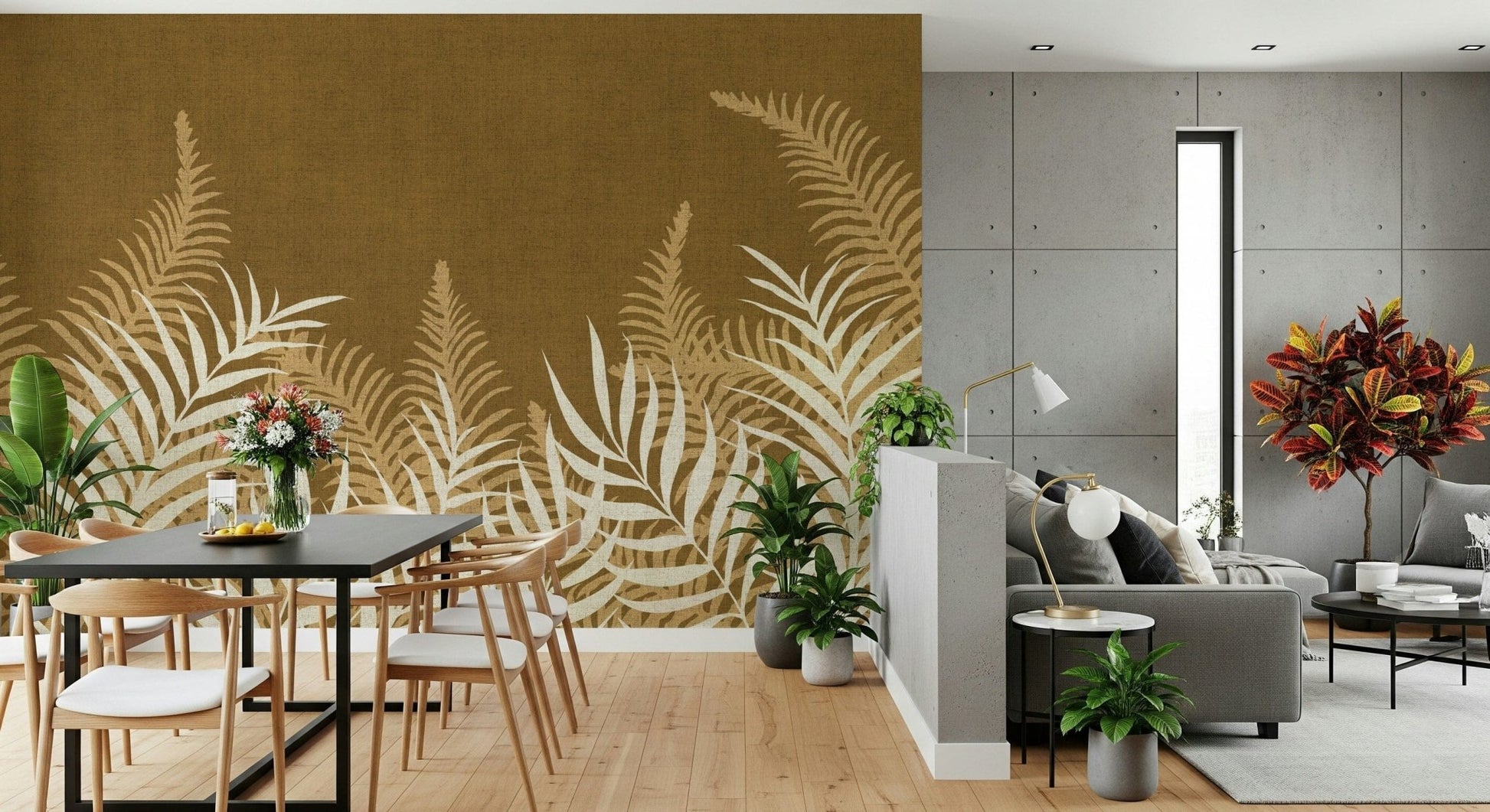 Into The Jungle Golden, detailed fern silhouettes, rich texture.