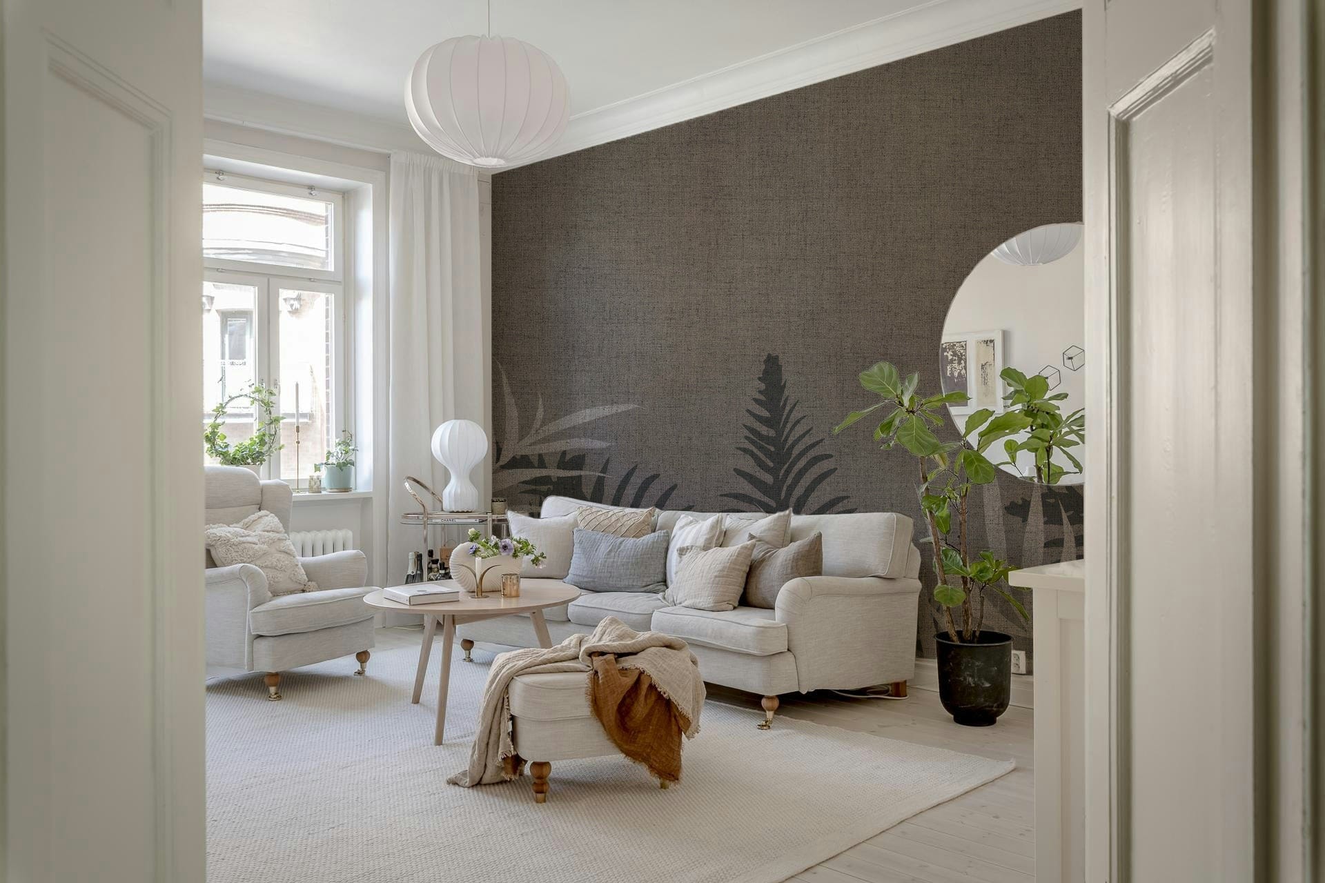 Sophisticated Into The Jungle Taupe wall accent, shadowed leaves.