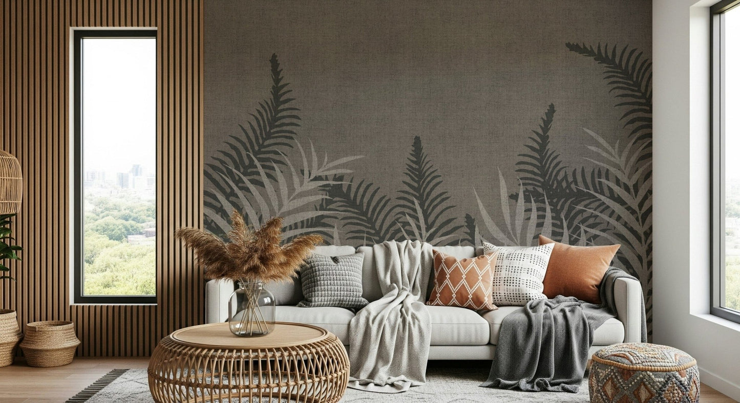 Botanical wall mural, Into The Jungle Taupe, elegant taupe leaf design.