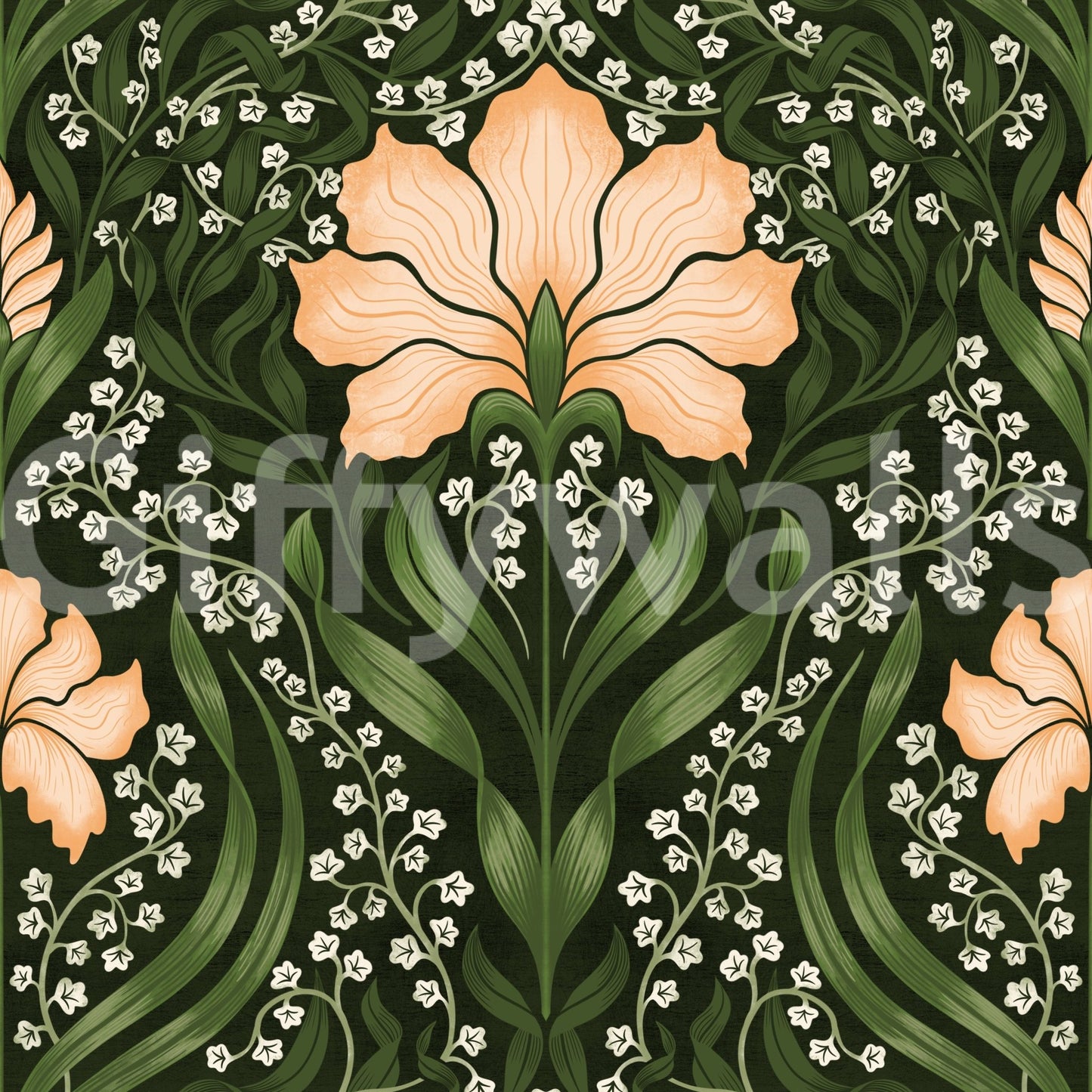 Intricate floral damask - apricot Wallpaper⁠