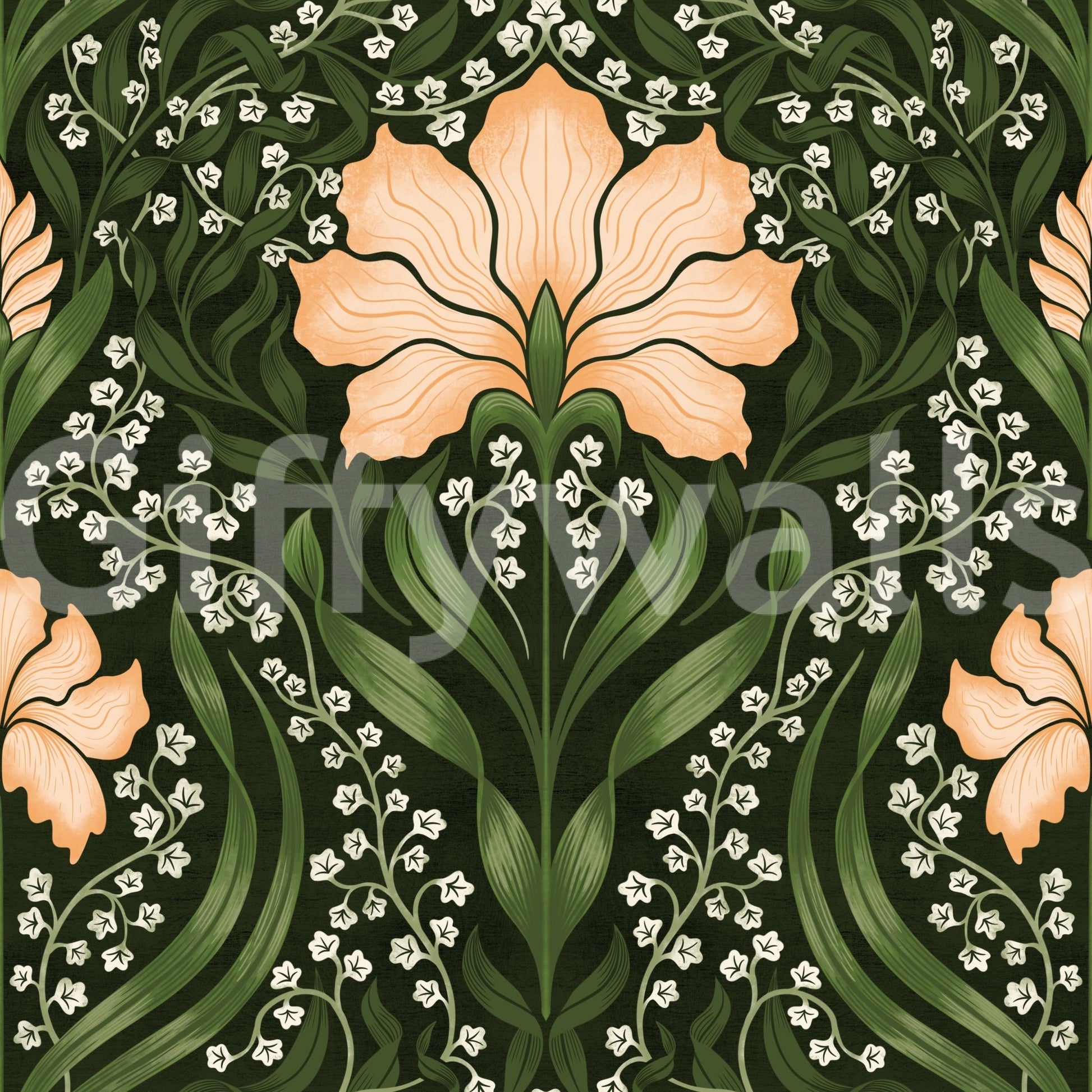 Intricate floral damask - apricot Wallpaper⁠