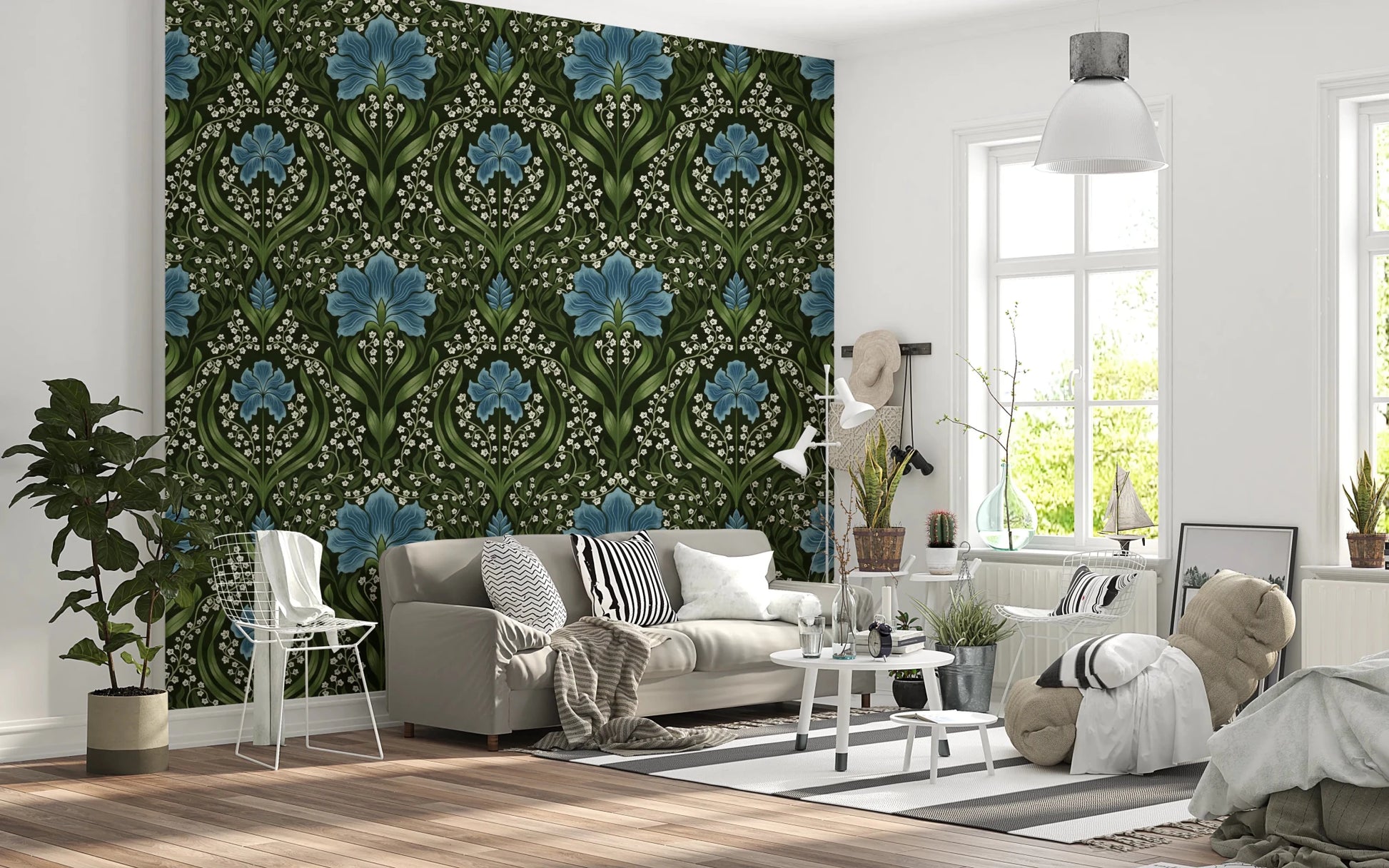 Intricate floral damask - blue Wallpaper