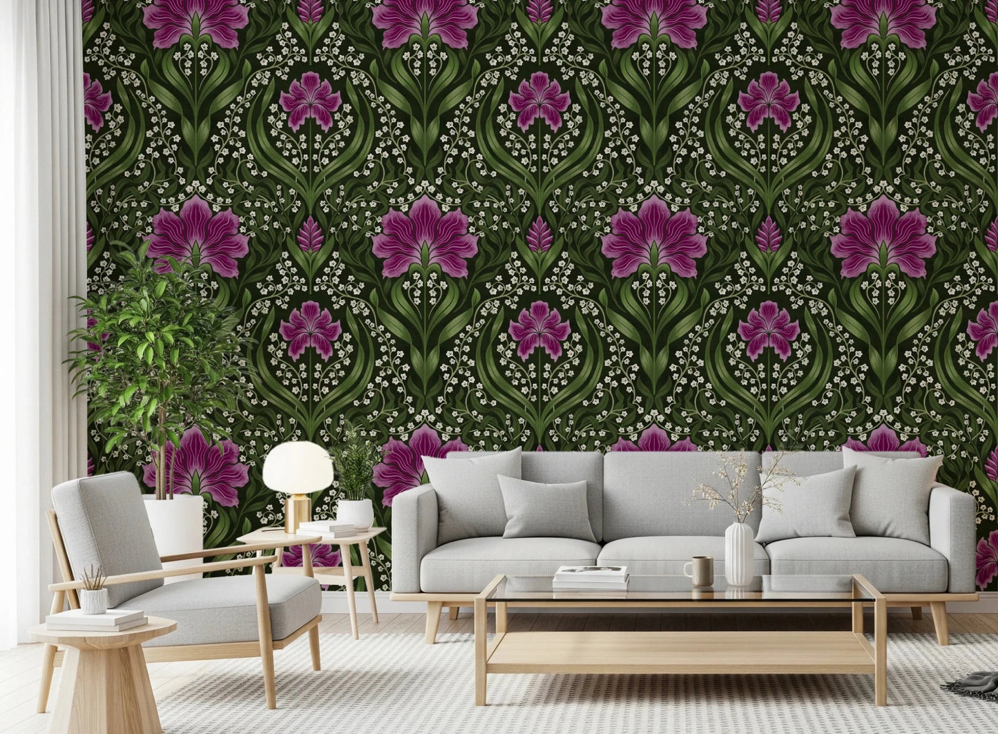Intricate floral damask - purple Wallpaper⁠