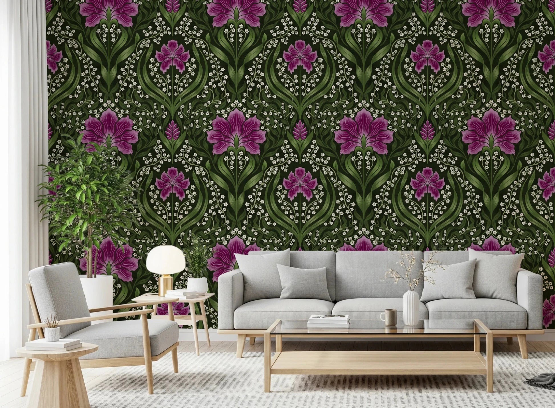 Intricate floral damask - purple Wallpaper⁠