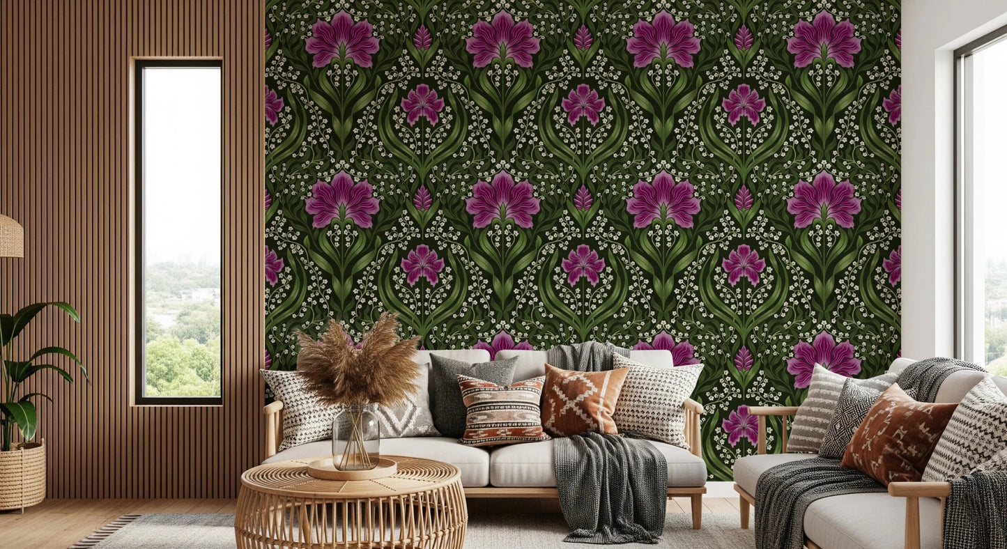 Intricate floral damask - purple Wallpaper⁠