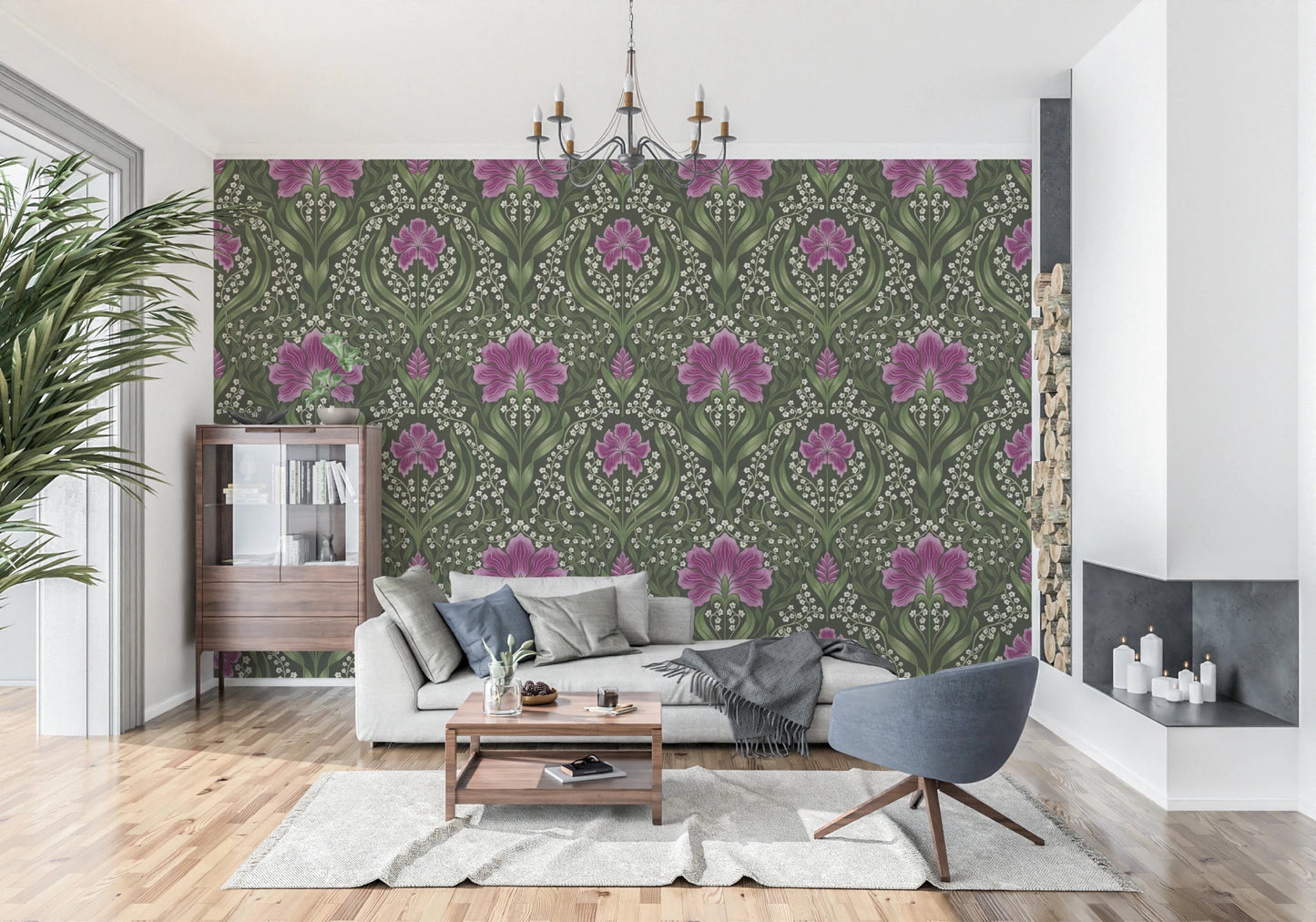 Intricate floral damask - purple Wallpaper⁠