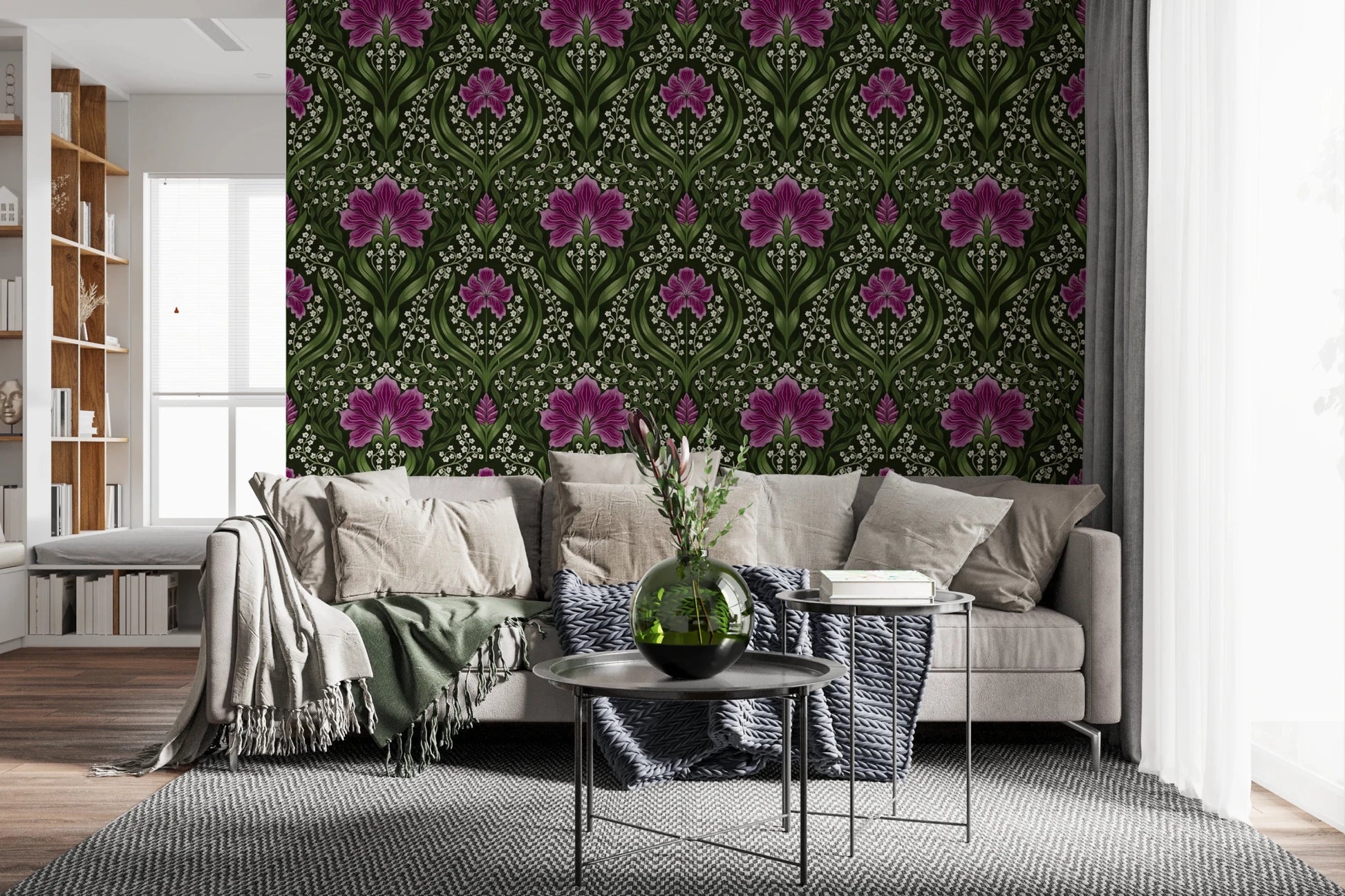 Intricate floral damask - purple Wallpaper⁠