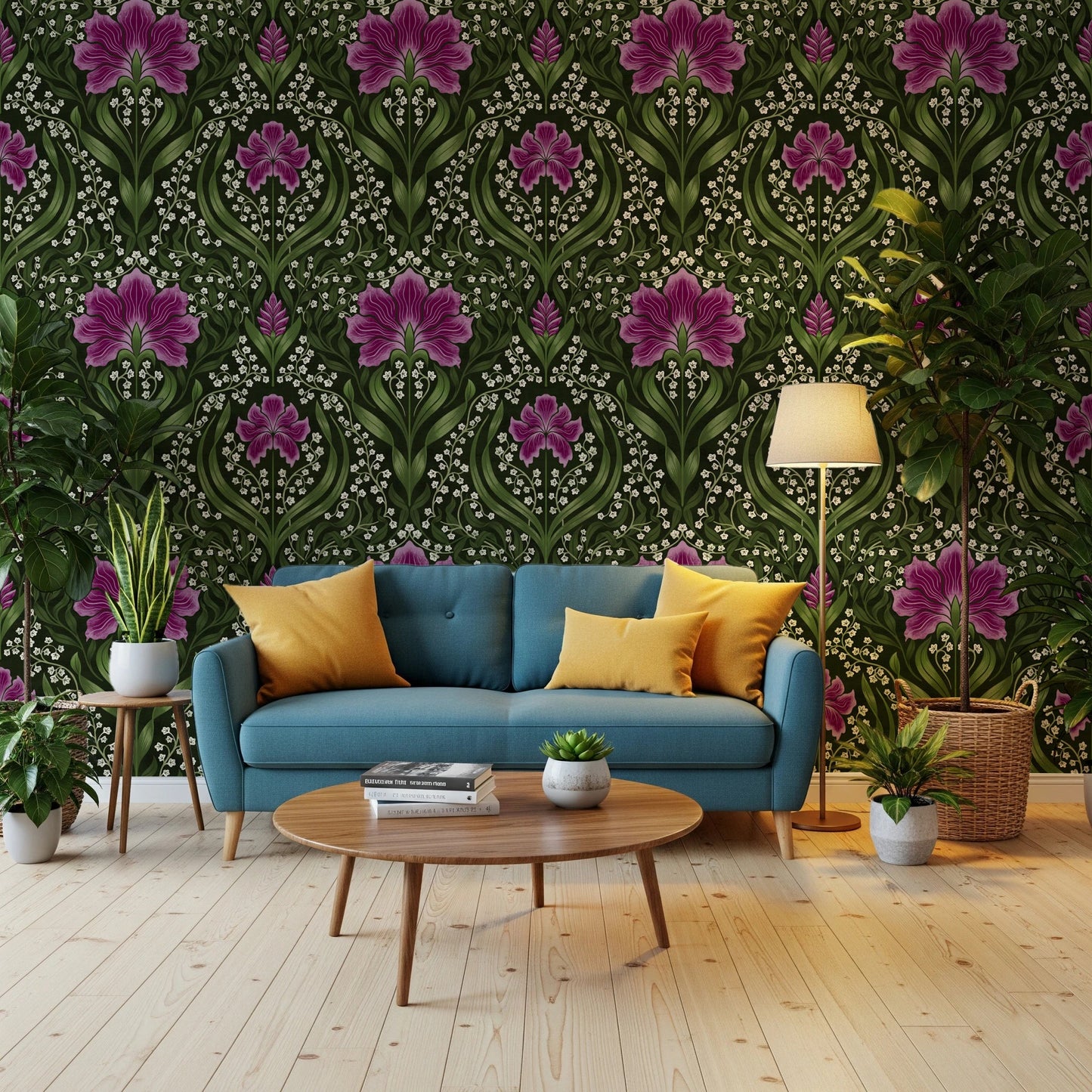 Intricate floral damask - purple Wallpaper⁠