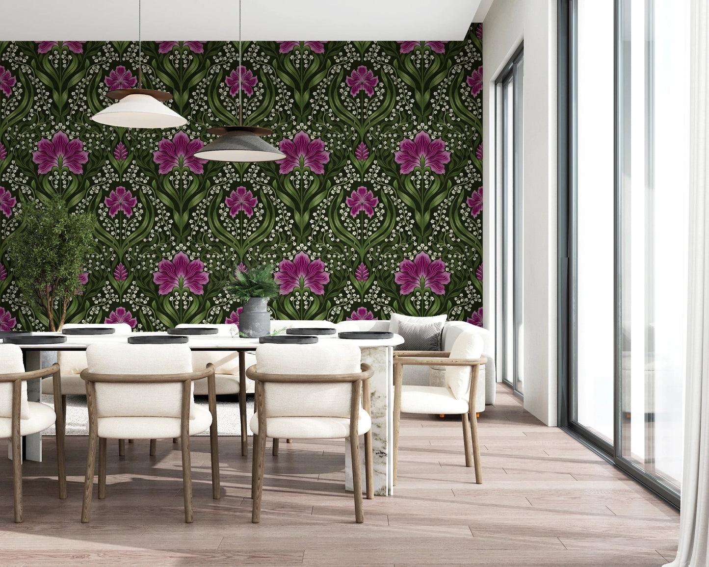 Intricate floral damask - purple Wallpaper⁠