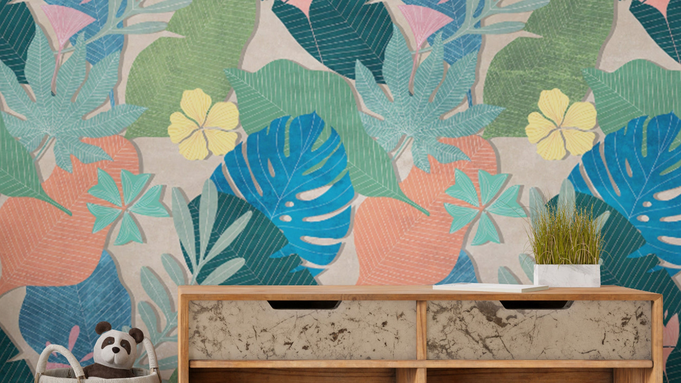 Vibrant Tropical Leaf and Flower Wallpaper Mural for Walls

