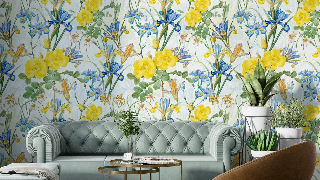 Iris & Rose Garden wallpaper with delicate purple and pink flowers

