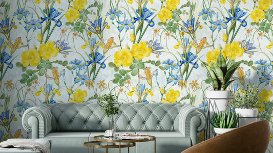 Iris & Rose Garden wallpaper with delicate purple and pink flowers


