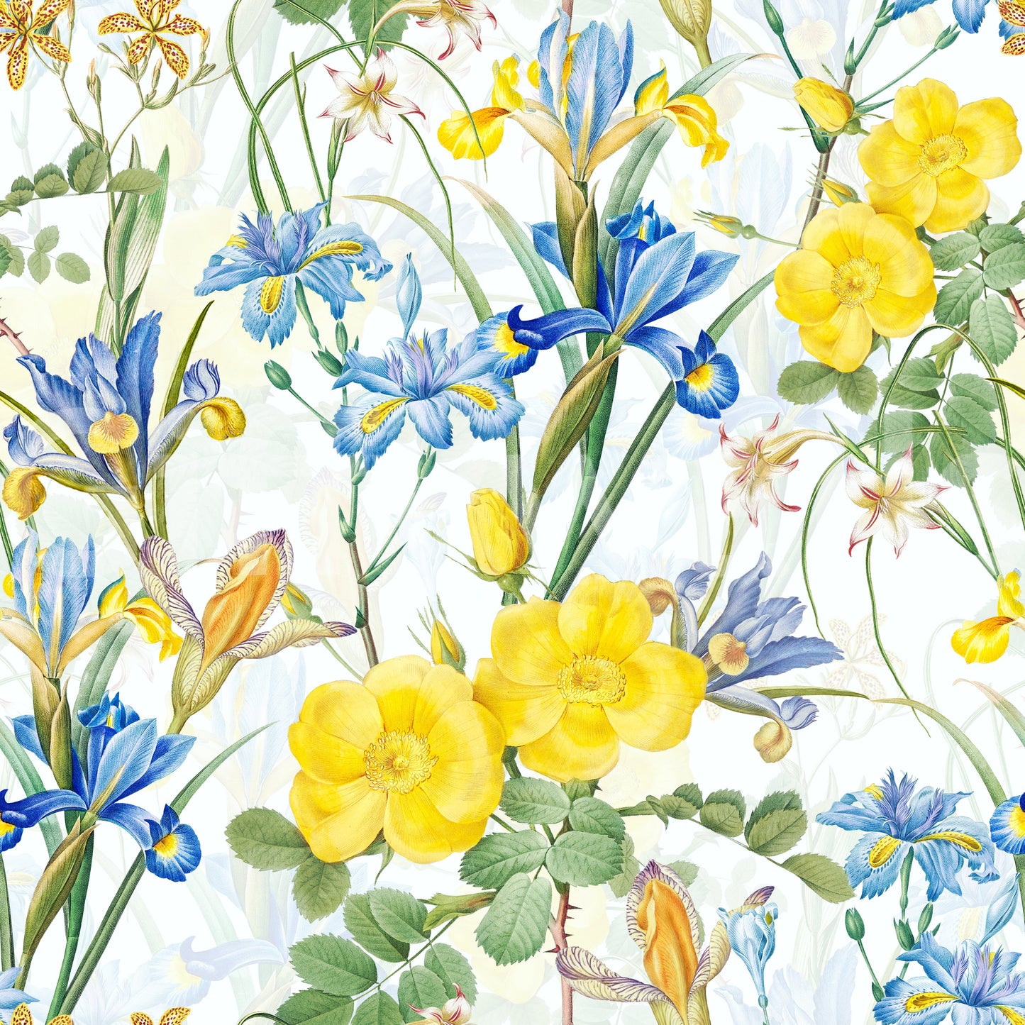 Nature-inspired floral wallpaper featuring roses and irises

