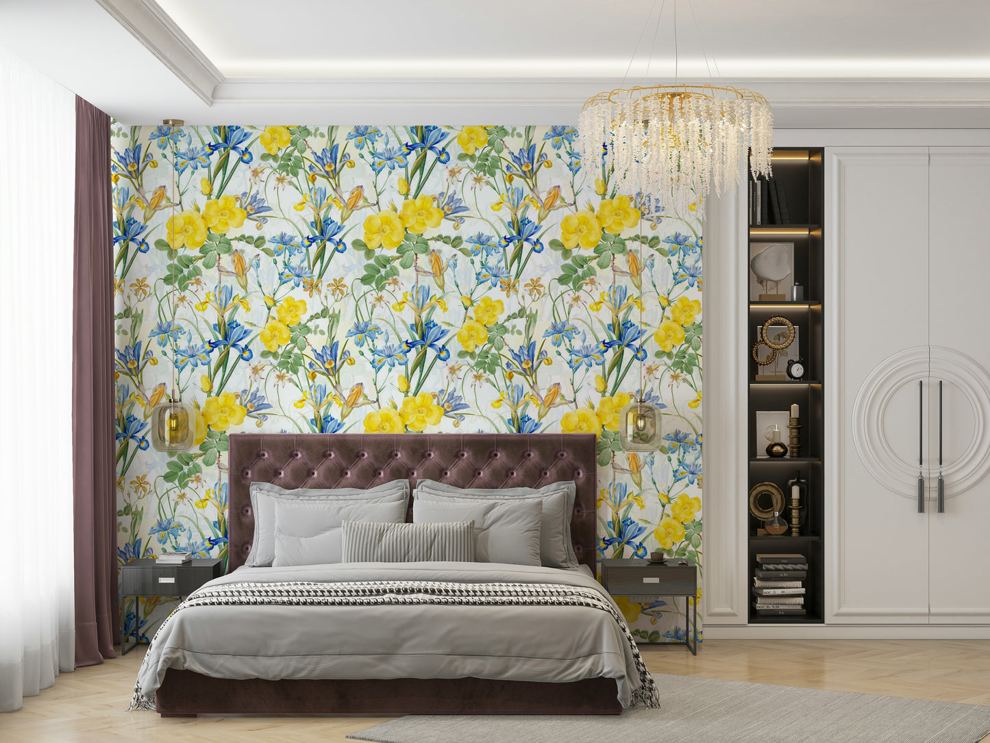 Floral wallpaper design featuring lush irises and roses

