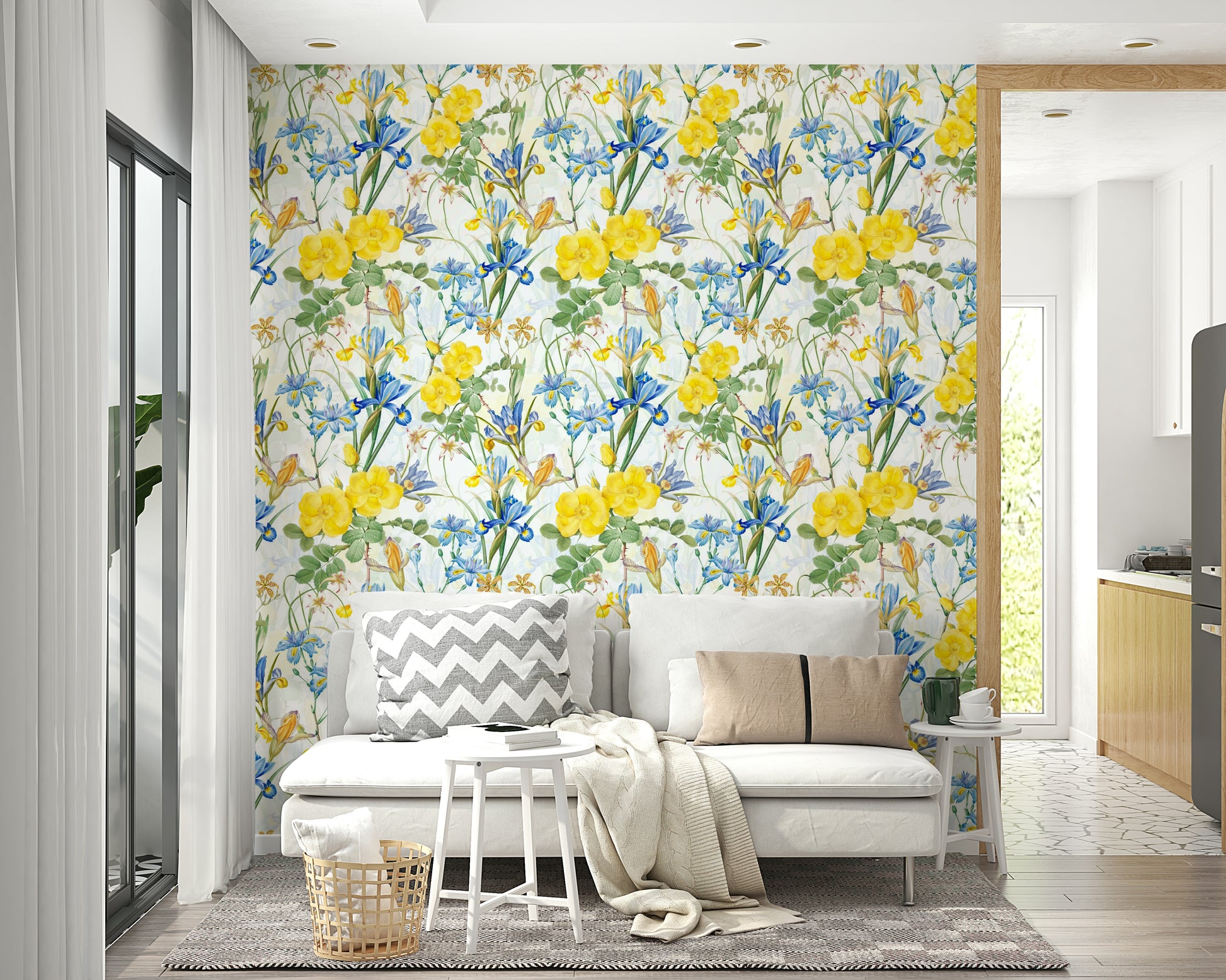 Soft floral wallpaper with vibrant irises and roses for walls

