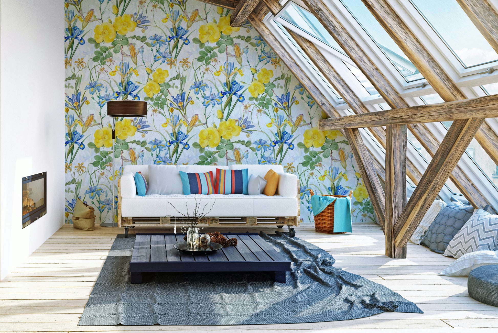 Beautiful garden-inspired wallpaper with roses and irises


