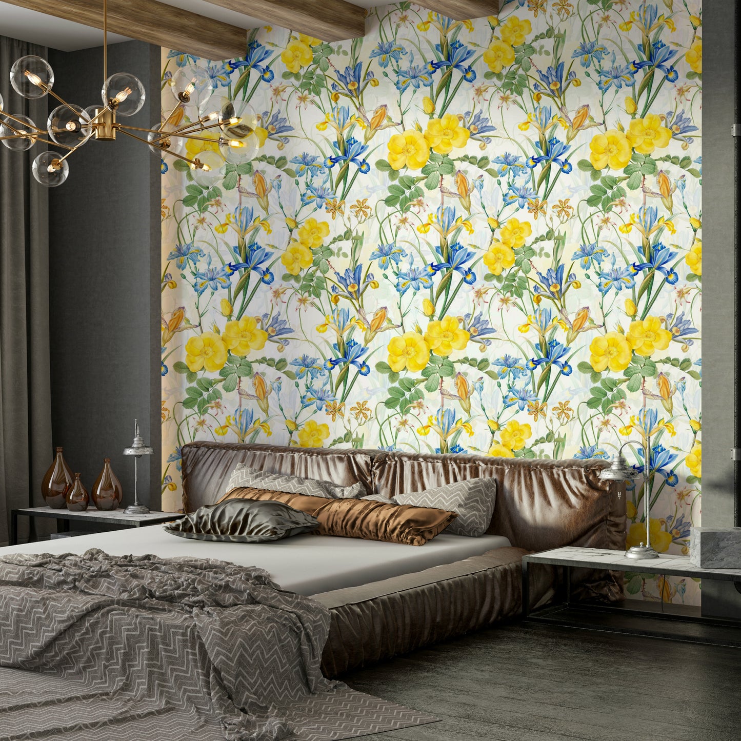 Elegant floral wallpaper featuring irises and roses in soft tones


