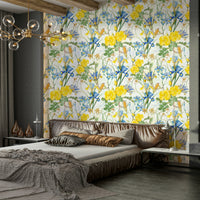 Elegant floral wallpaper featuring irises and roses in soft tones


