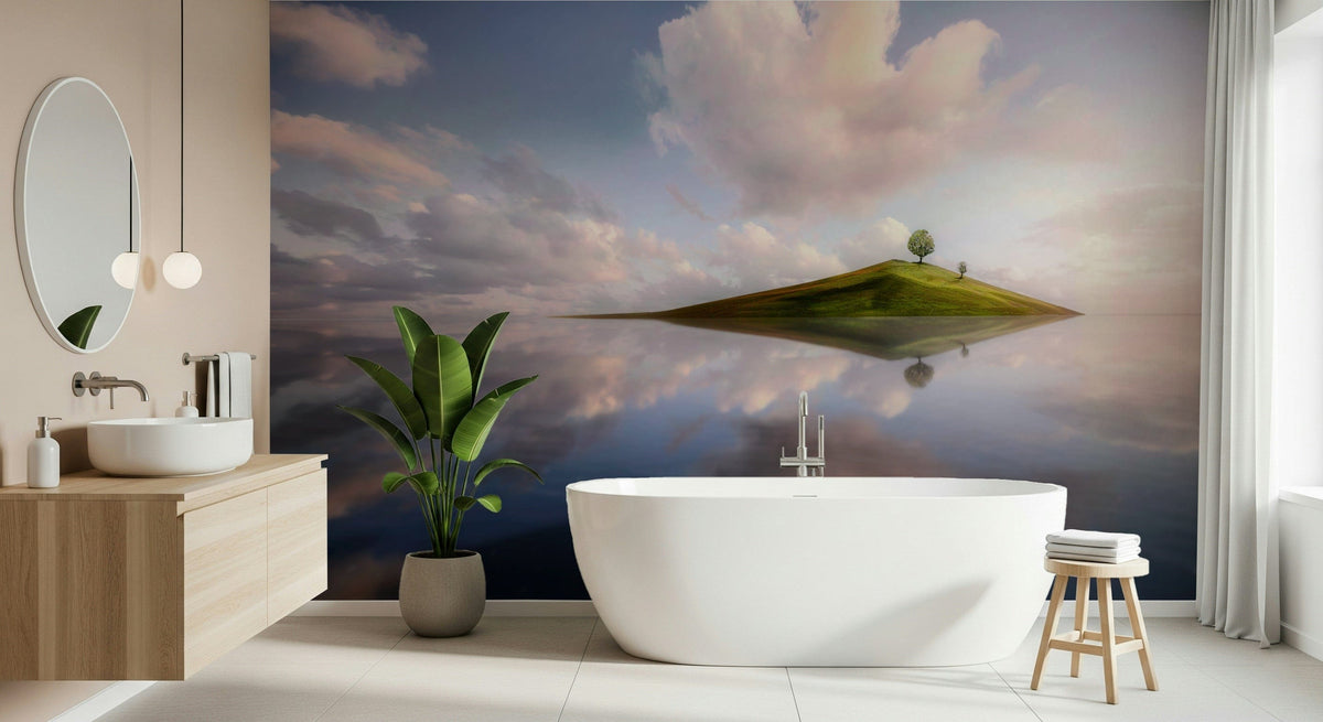 Island of Dreams mural of a floating green island mirrored on water above a white freestanding tub in a bathroom