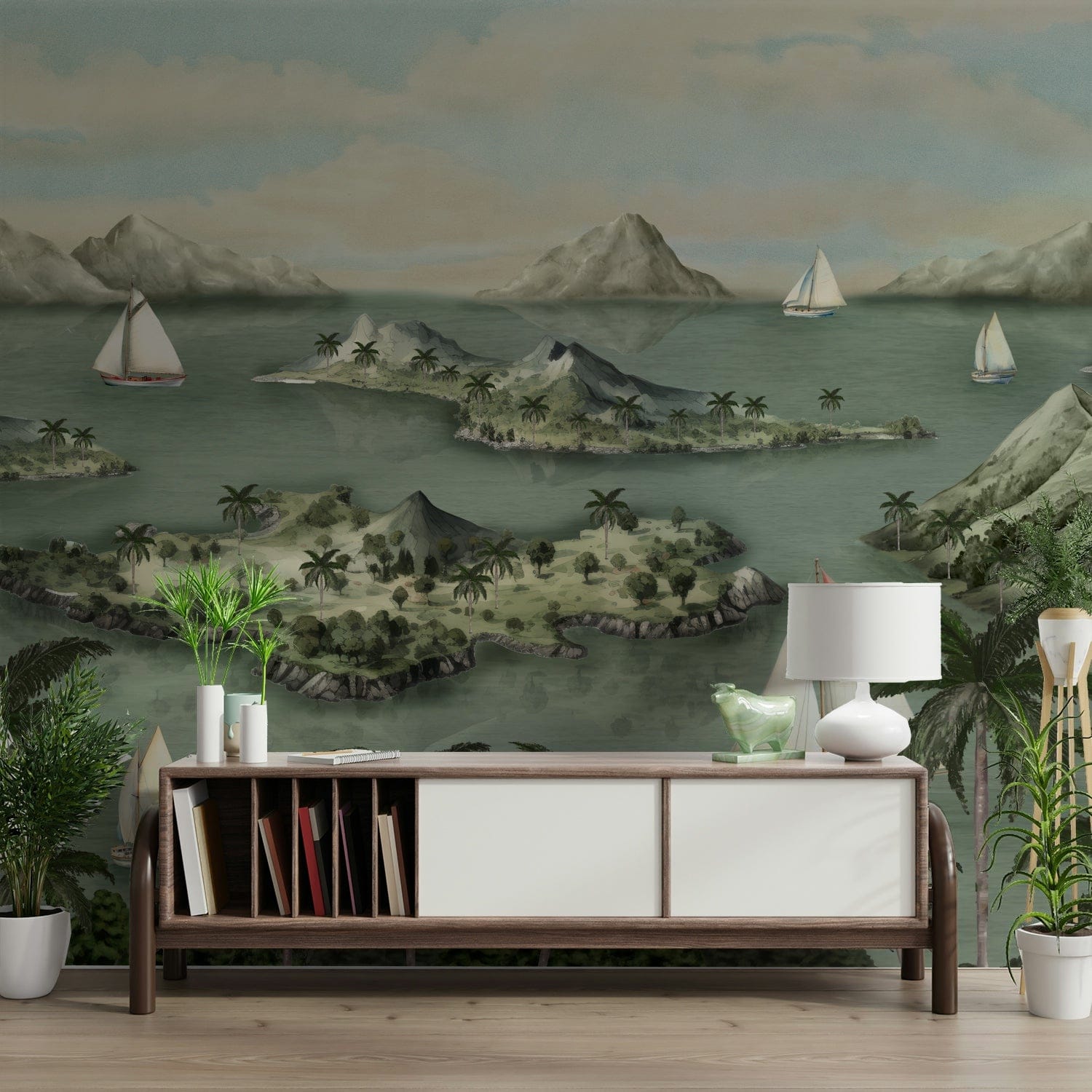 The design features a serene, island seascape.


