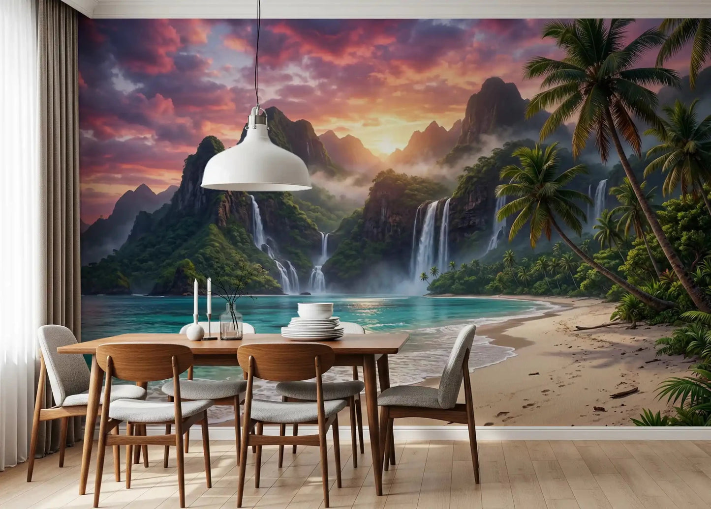 Scenic island waterfalls wall mural for a stylish Dining room wall decor.