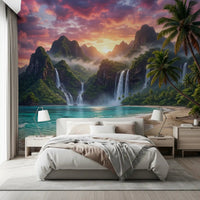 Tropical island waterfalls wall mural for a serene bedroom wall decor.