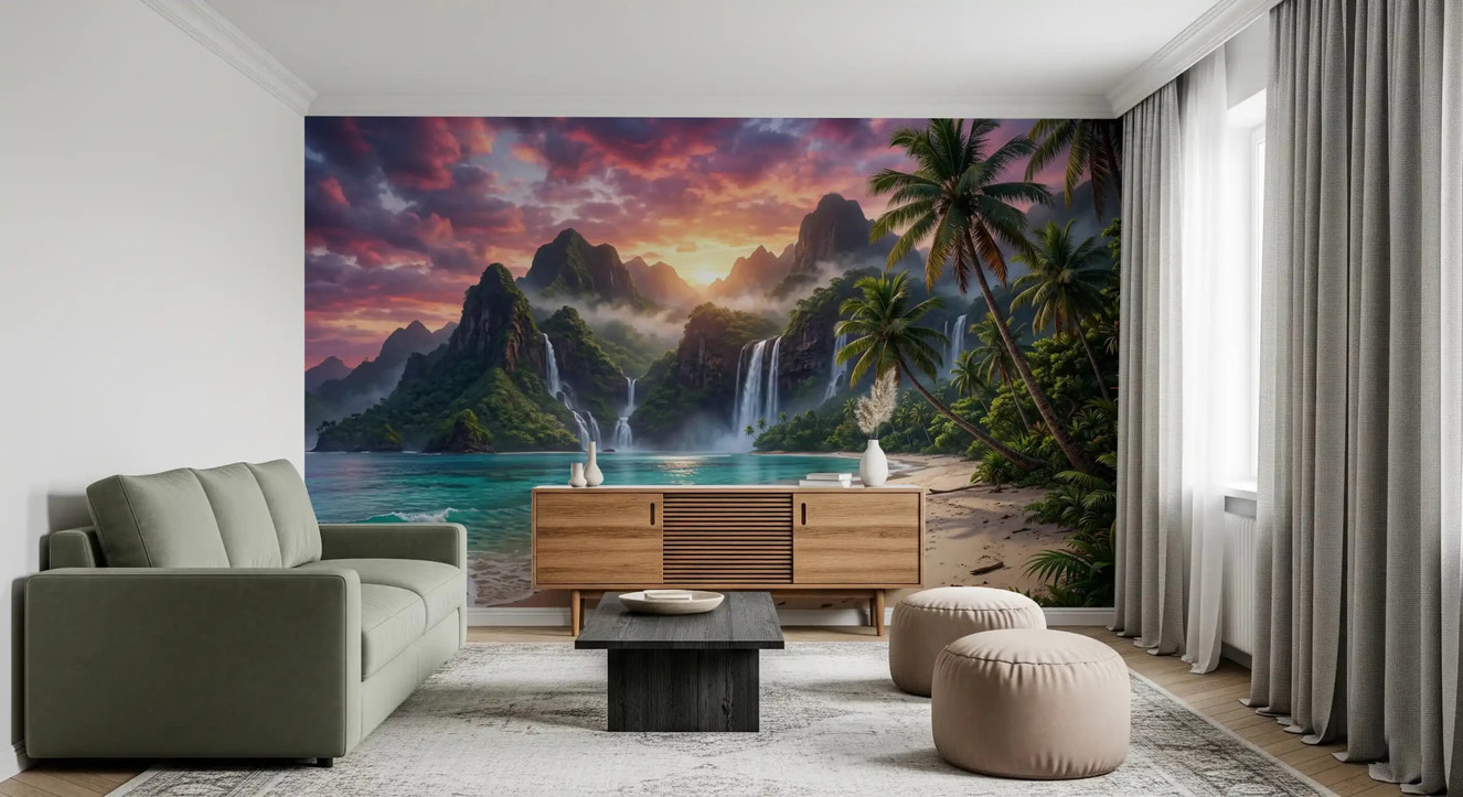 Island waterfalls wall mural in a modern living room with blue tones.