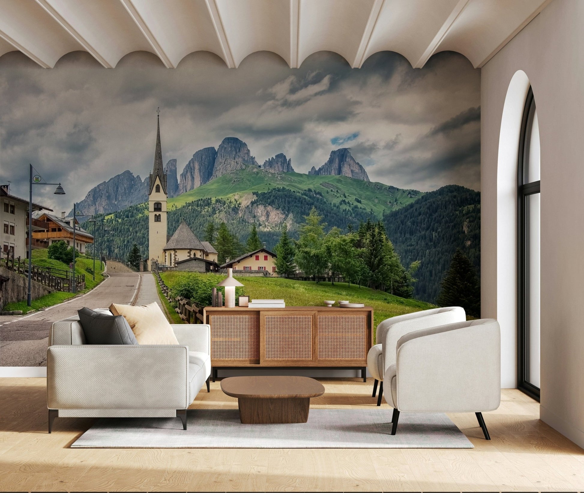Italian Alps Vista, charming alpine architecture, steep hillside.