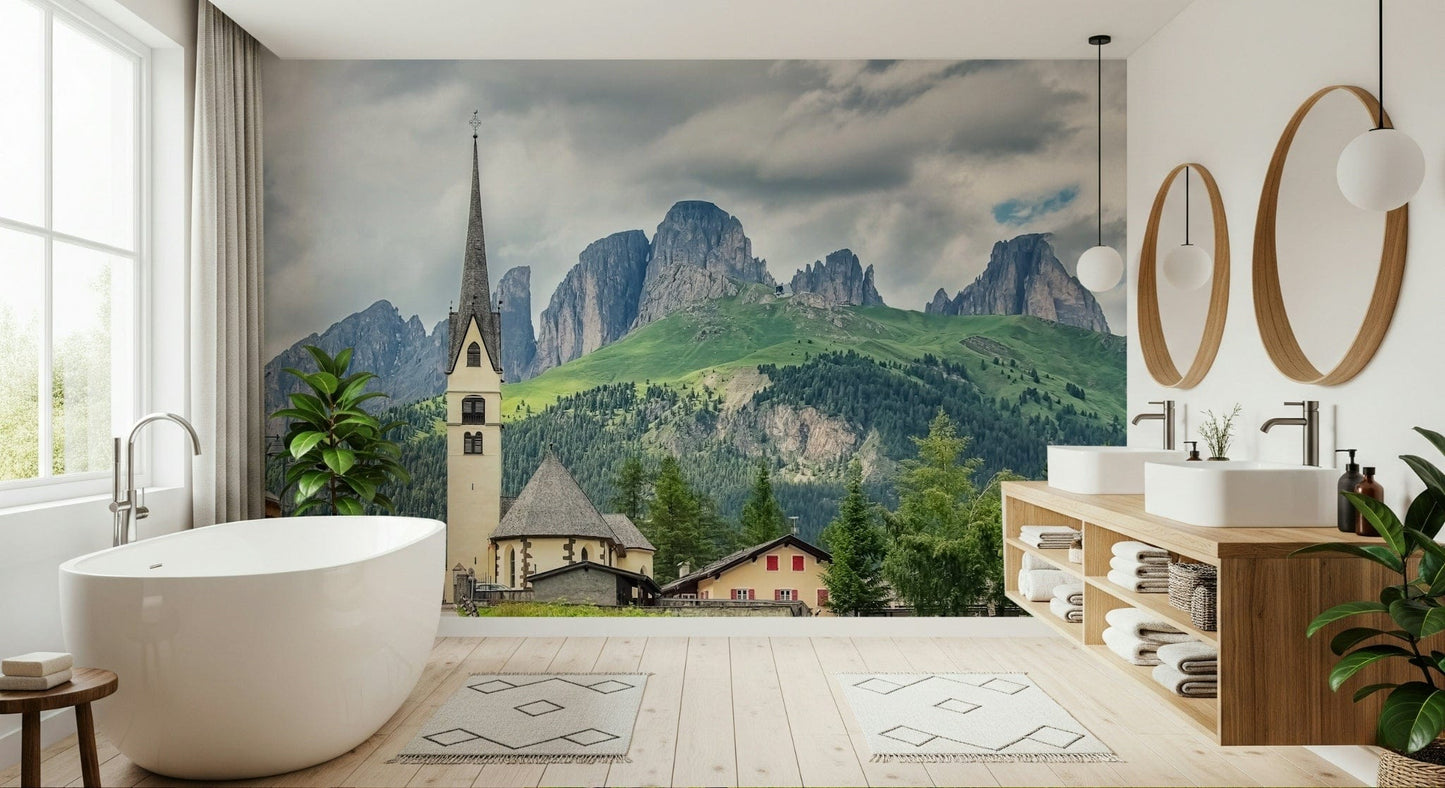 Italian Alps Vista, majestic Sassolungo peaks, cloudy sky print.