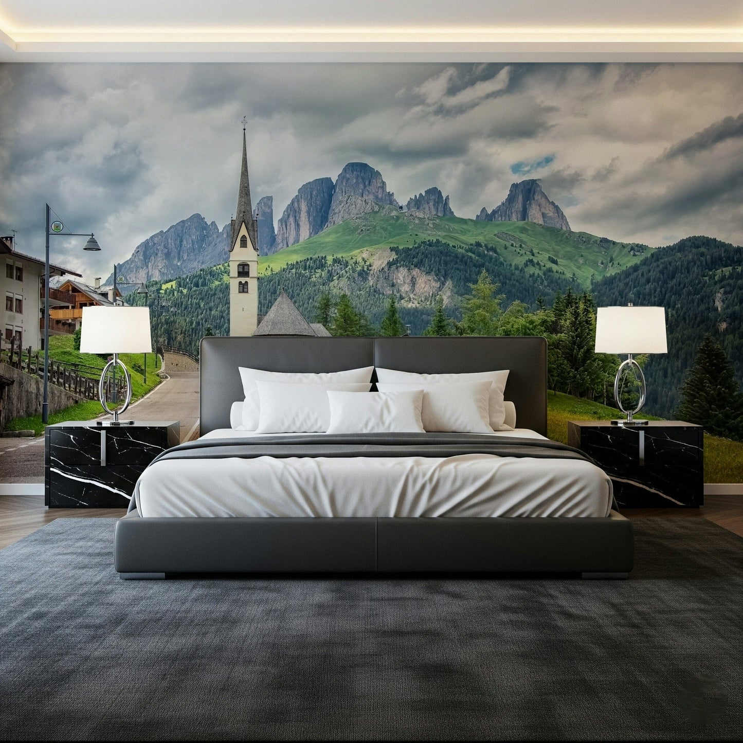 Scenic Italian church spire against towering Alps, wall decor.