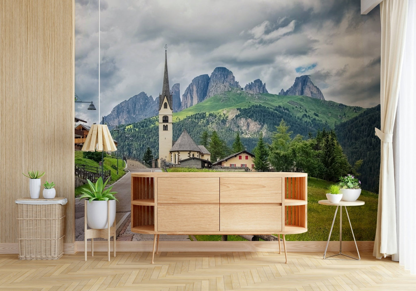 Wallpaper for walls: scenic Dolomites landscape, green meadow.