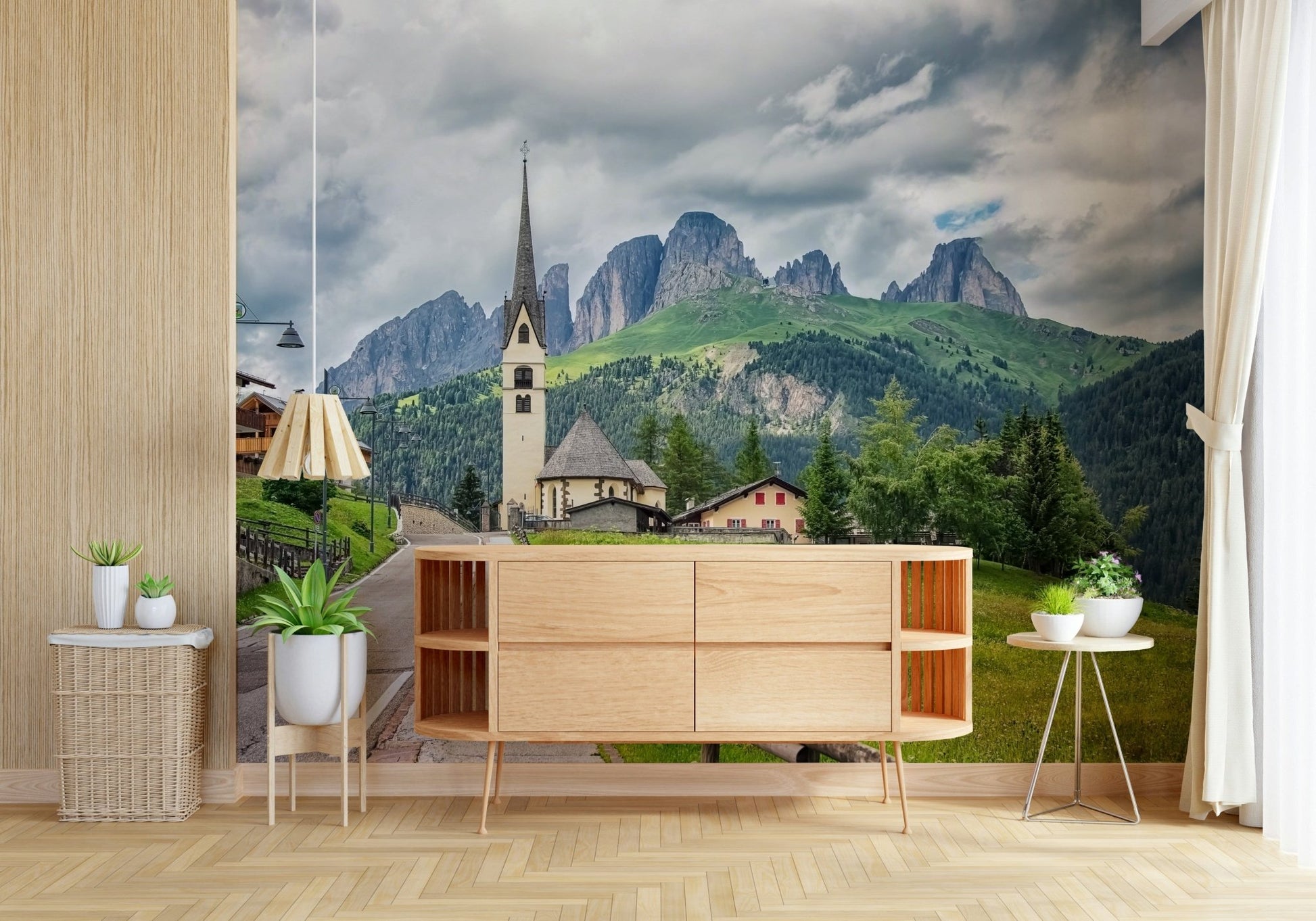 Wallpaper for walls: scenic Dolomites landscape, green meadow.