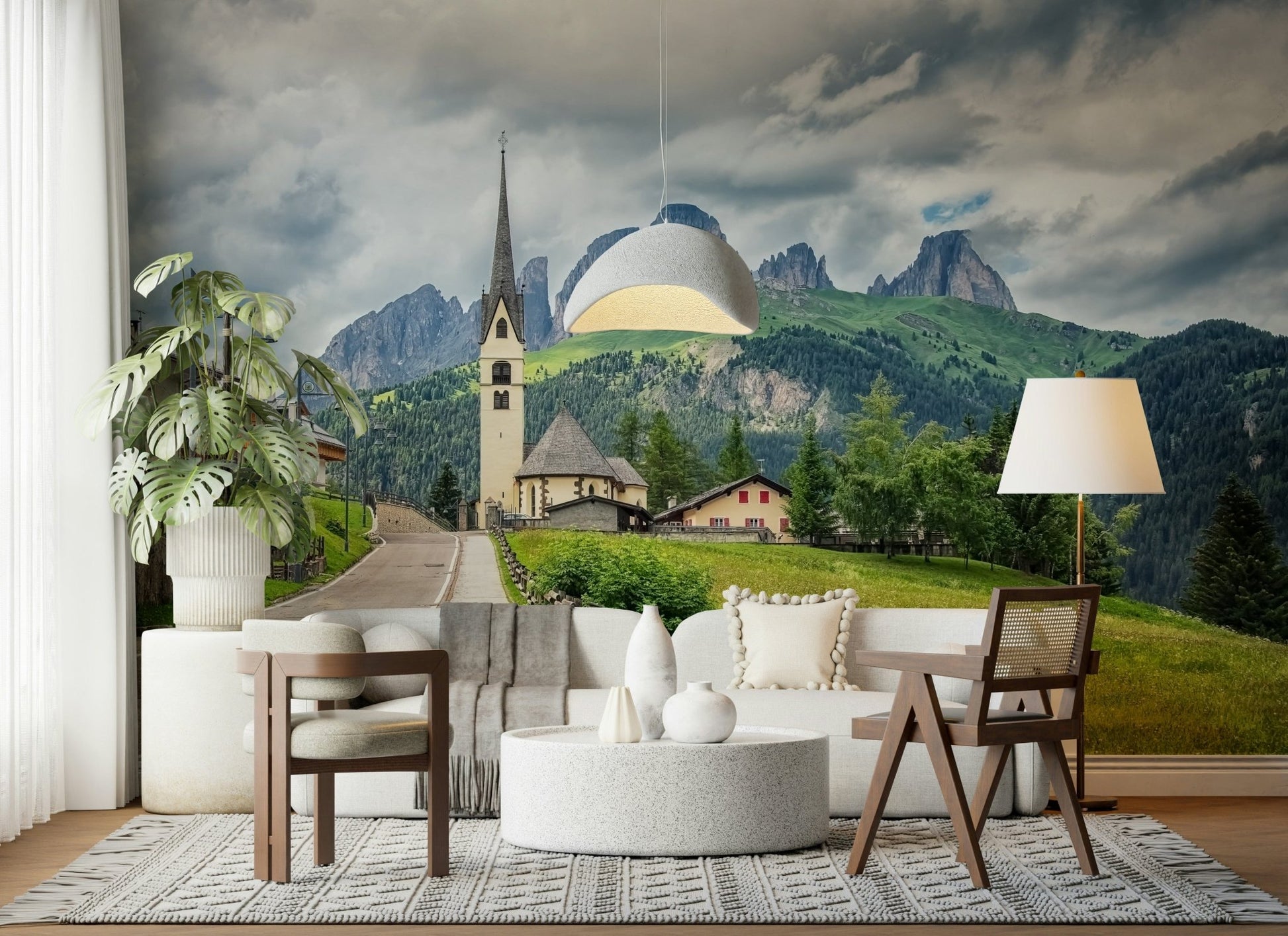 Wall mural featuring Dolomite valley, rustic fence and road.
