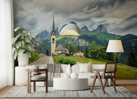 Wall mural featuring Dolomite valley, rustic fence and road.