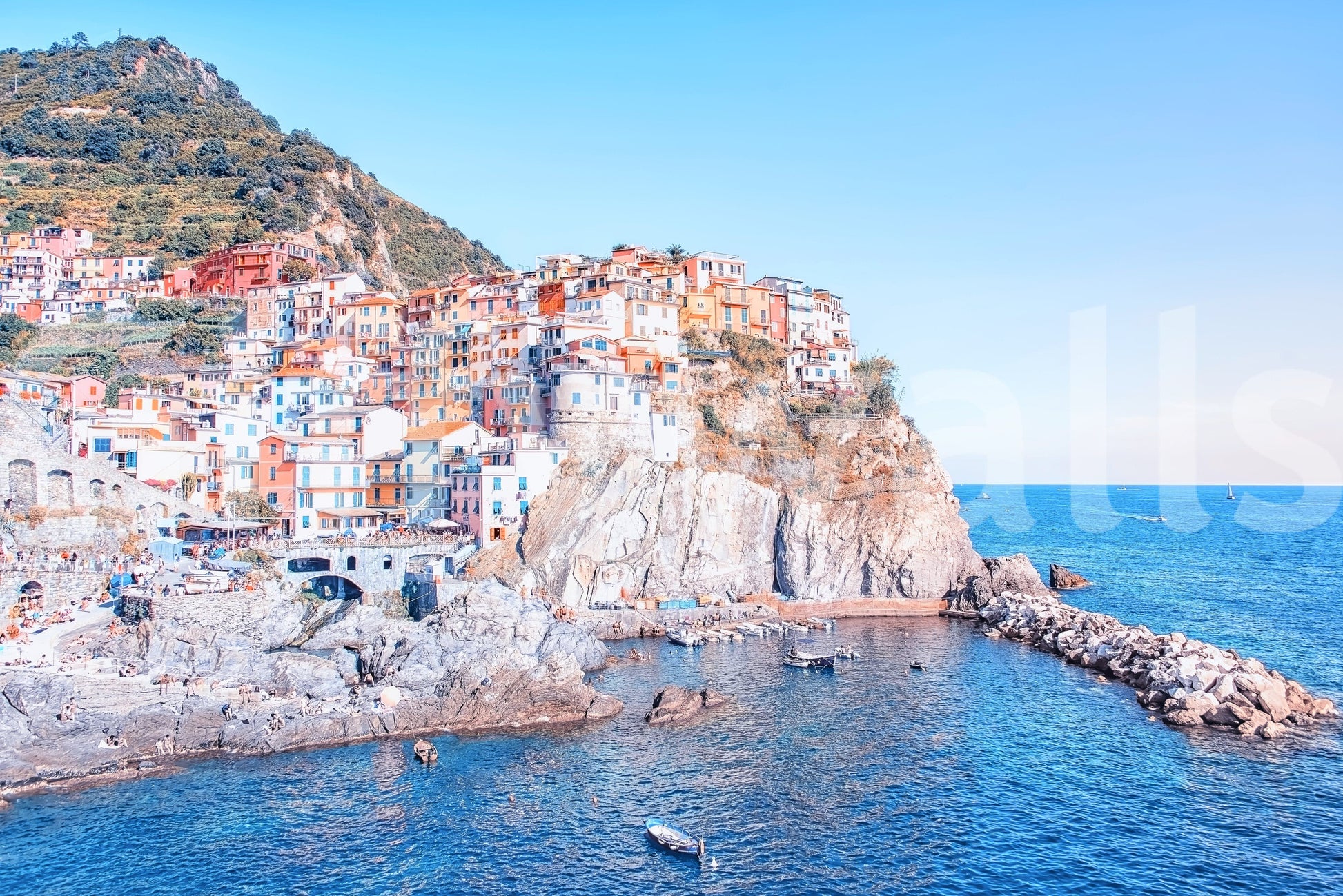 Serene Italian Village wallpaper mural near calm harbor waters.