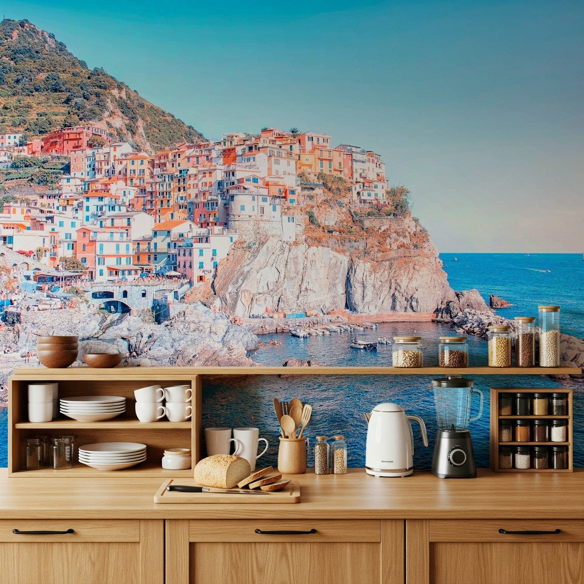 Artistic Italian Village wall mural highlighting hillside terrace dwellings.