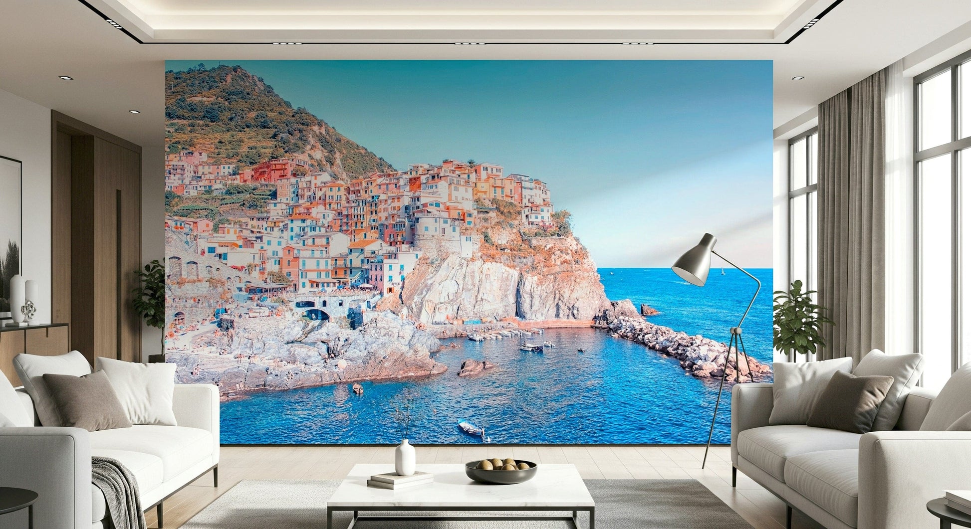 Vibrant Italian Village wall mural overlooking deep blue sea.