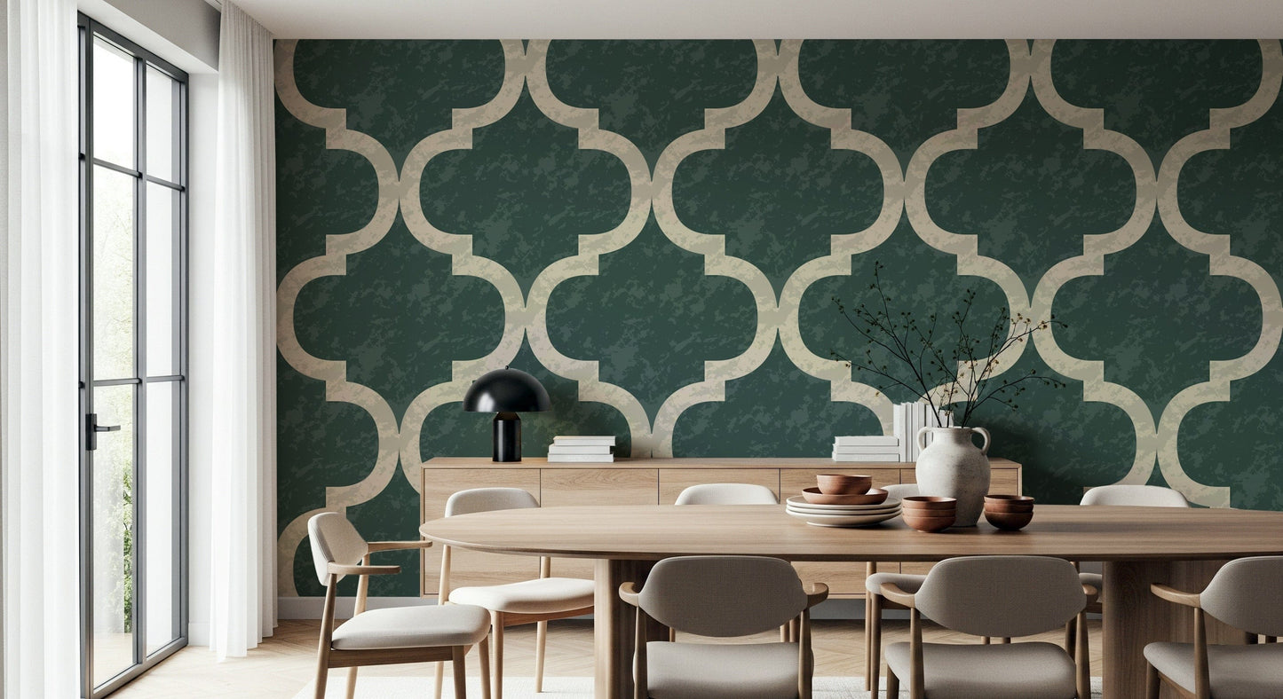 Arabesque ogee geometric wallpaper in green and ivory
