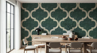Arabesque ogee geometric wallpaper in green and ivory