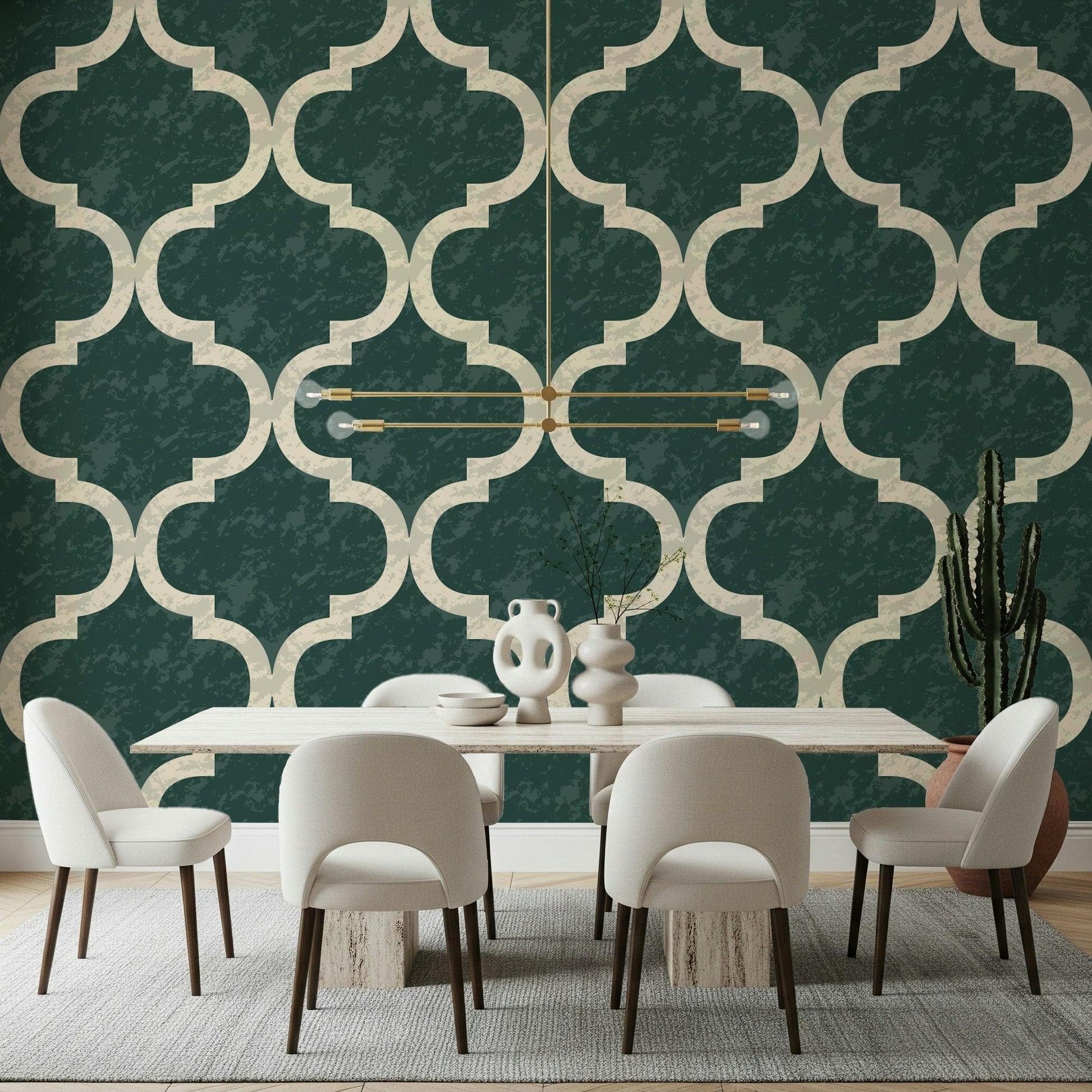 Boho Moroccan trellis wallpaper in earthy green tones