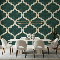 Boho Moroccan trellis wallpaper in earthy green tones