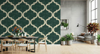 Ivy green geometric wallpaper with Moroccan lattice motif