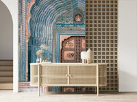 Jaipur Archway wall paper blue and gold intricate pattern old building entrance.