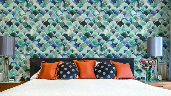 Japandi wallpaper in soft vintage blue tones

