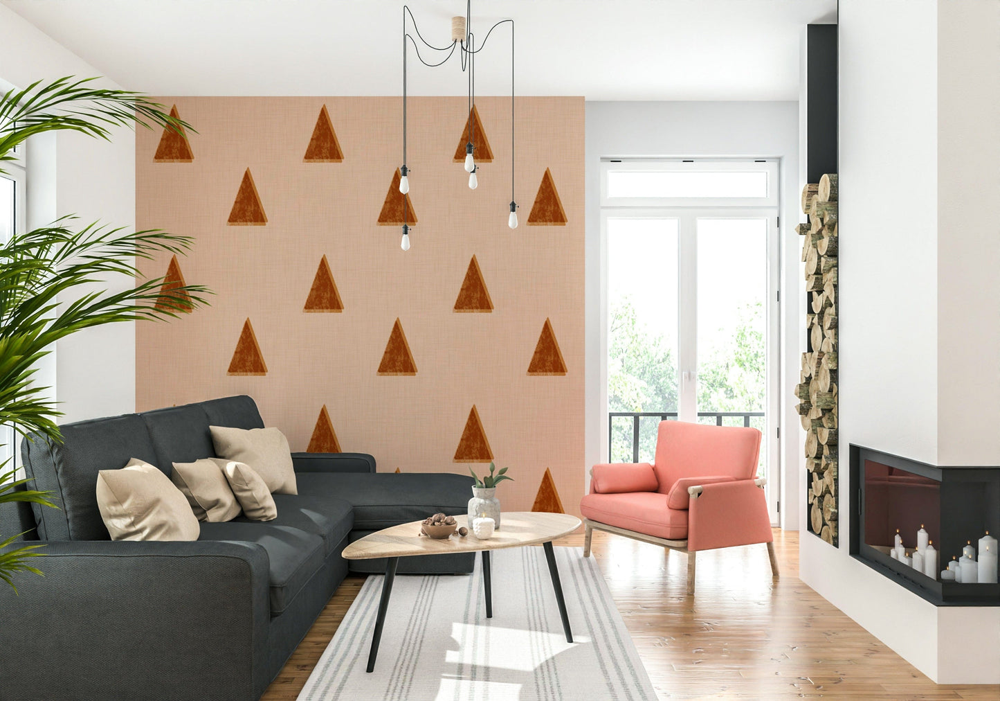 A contemplative geometric tree wallpaper mural for a feature wall.

