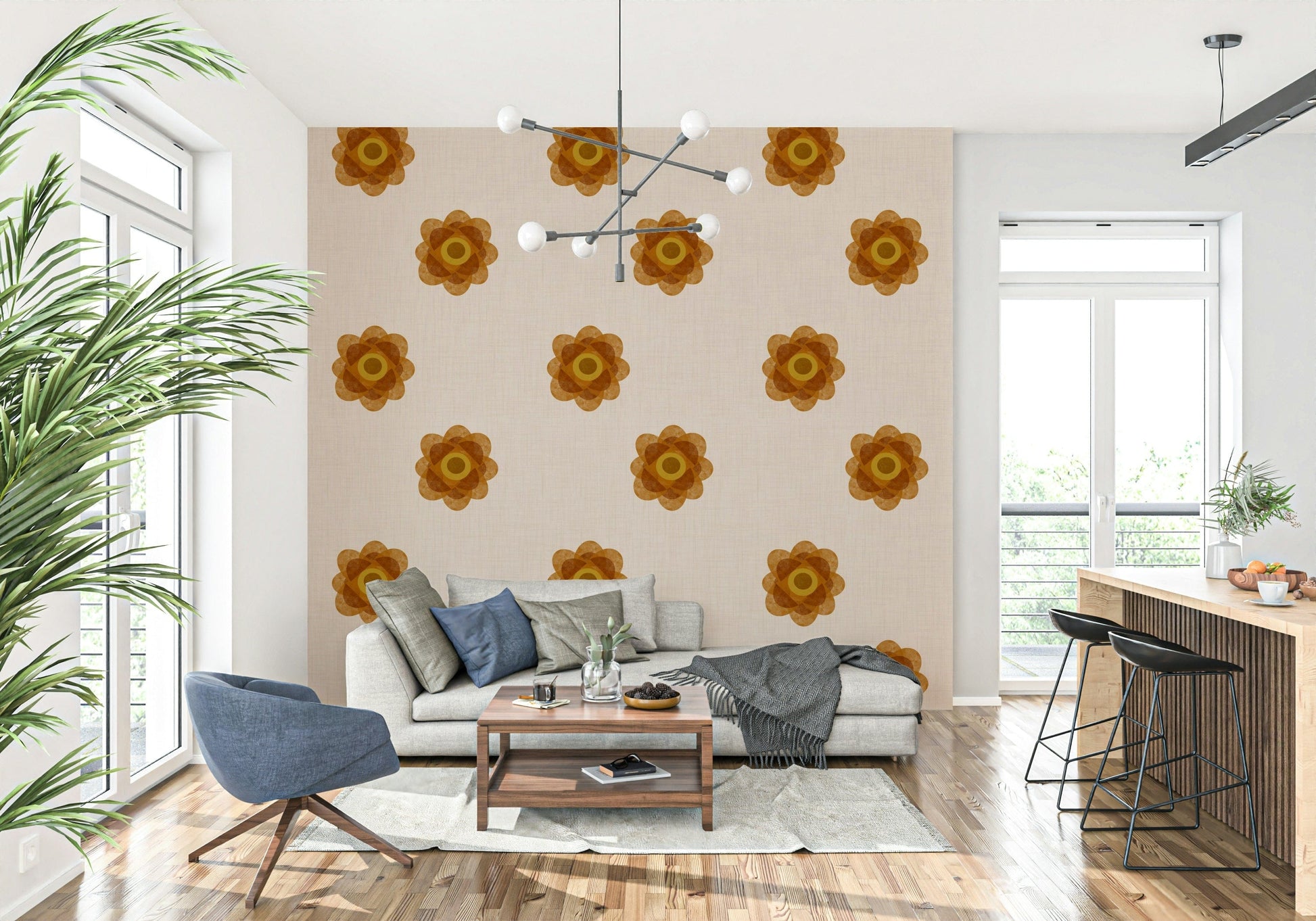 A peaceful Japandi design mural on decorative wallpaper.