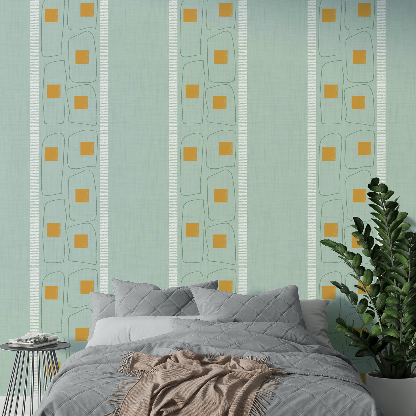 Modern Japandi frame line wallpaper in soft blue shade

