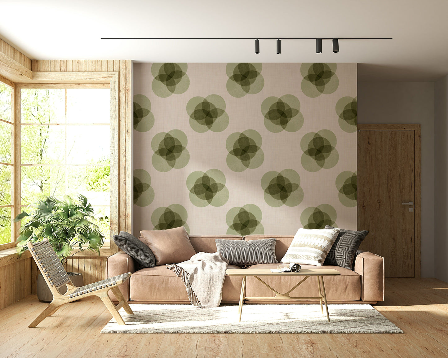 A peaceful Japandi design mural on decorative wallpaper.

